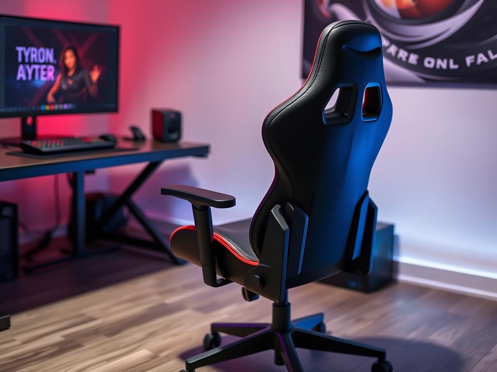 Gaming setup met speciale gaming stoel op wieltjes