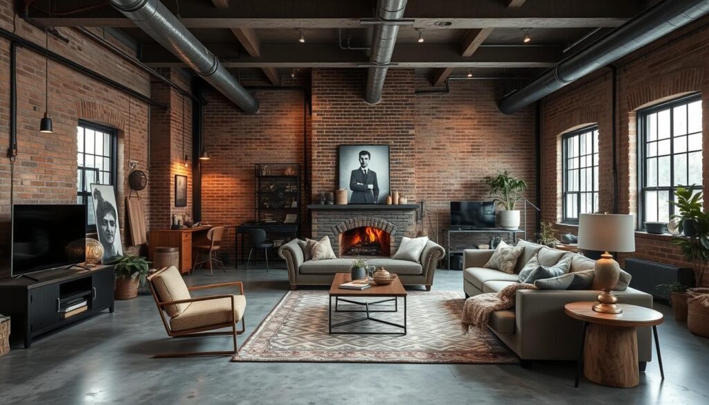 Gebalanceerd industrieel interieur met mix van ruwe materialen en comfortabele elementen Gebalanceerd industrieel interieur met mix van ruwe materialen en comfortabele elementen