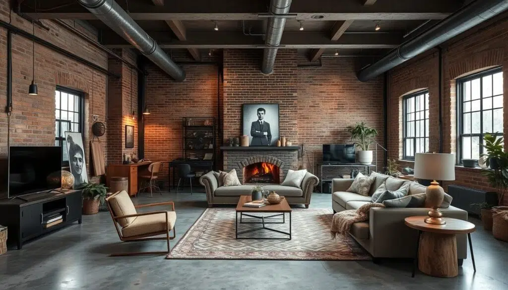 Gebalanceerd industrieel interieur met mix van ruwe materialen en comfortabele elementen