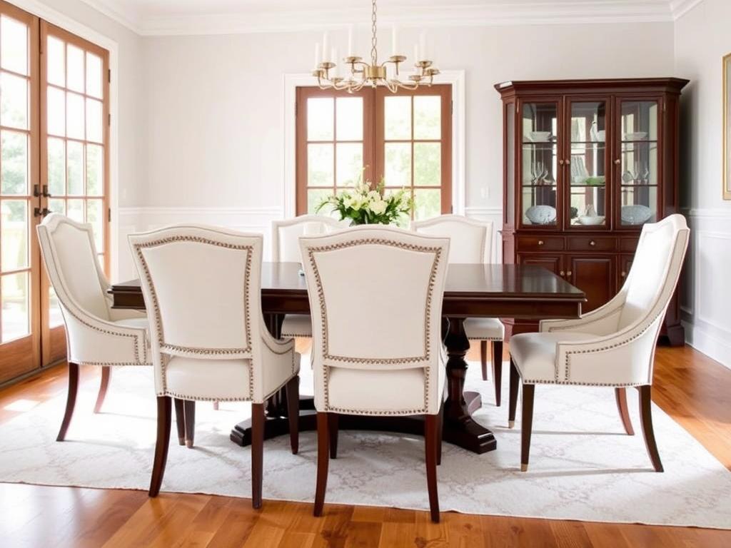 Gebroken witte eetkamerstoelen bij een donkerbruine tafel in een lichte eetkamer