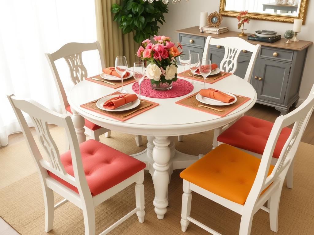 Gedekte witte eettafel met accessoires die de kleur van de stoelen complementeren Gedekte witte eettafel met accessoires die de kleur van de stoelen complementeren