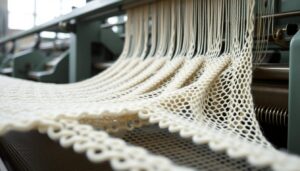 Detailopname van een boucle-weefmachine met een geweven stof in productie.