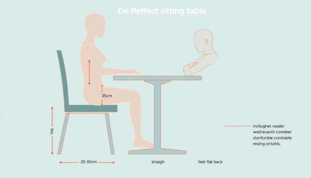 Gedetailleerd diagram van de ideale zithouding aan tafel met aanduiding hoe hoog moet mijn stoel zijn vanaf de eettafel Gedetailleerd diagram van de ideale zithouding aan tafel met aanduiding hoe hoog moet mijn stoel zijn vanaf de eettafel