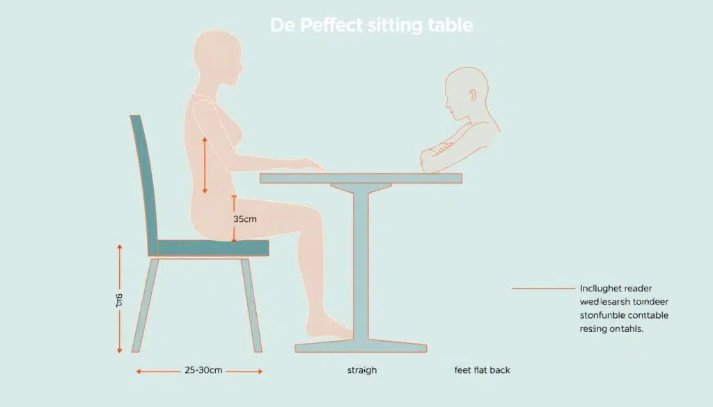 Gedetailleerd diagram van de ideale zithouding aan tafel met aanduiding hoe hoog moet mijn stoel zijn vanaf de eettafel Gedetailleerd diagram van de ideale zithouding aan tafel met aanduiding hoe hoog moet mijn stoel zijn vanaf de eettafel