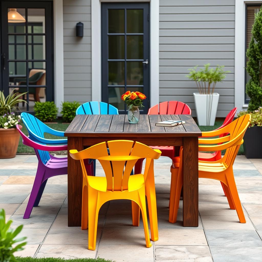 Gekleurde kunststof tuinstoelen bij donkere houten tafel, tuinstoelen bij houten tafel met kleuraccenten Gekleurde kunststof tuinstoelen bij donkere houten tafel, tuinstoelen bij houten tafel met kleuraccenten