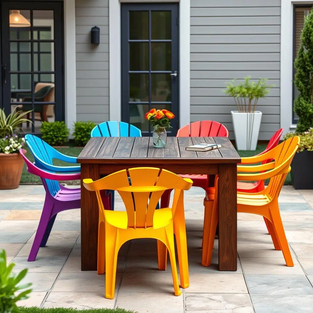 Gekleurde kunststof tuinstoelen bij donkere houten tafel, tuinstoelen bij houten tafel met kleuraccenten Gekleurde kunststof tuinstoelen bij donkere houten tafel, tuinstoelen bij houten tafel met kleuraccenten