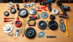 Gereedschappen en materialen voor het monteren van wielen onder een gewone stoel