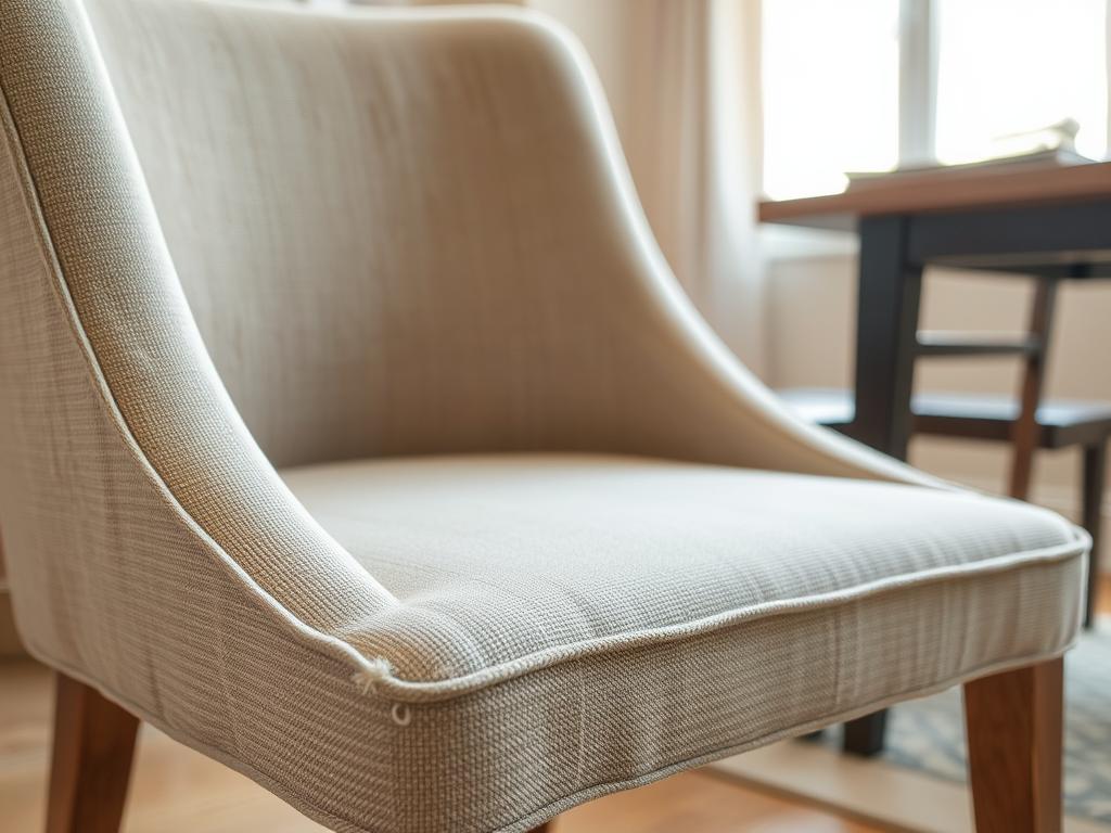Gestoffeerde eetkamerstoel met tekenen van slijtage aan de bekleding, illustreert hoe lang eetkamerstoelen meegaan bij intensief gebruik Gestoffeerde eetkamerstoel met tekenen van slijtage aan de bekleding, illustreert hoe lang eetkamerstoelen meegaan bij intensief gebruik