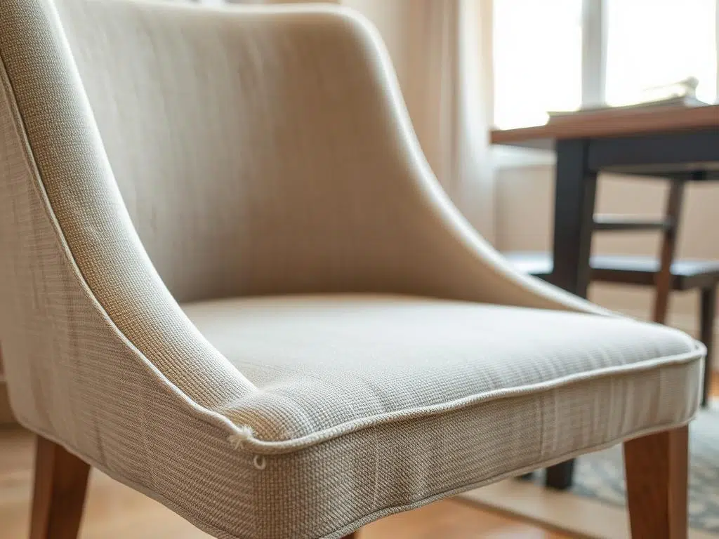 Gestoffeerde eetkamerstoel met tekenen van slijtage aan de bekleding, illustreert hoe lang eetkamerstoelen meegaan bij intensief gebruik Gestoffeerde eetkamerstoel met tekenen van slijtage aan de bekleding, illustreert hoe lang eetkamerstoelen meegaan bij intensief gebruik