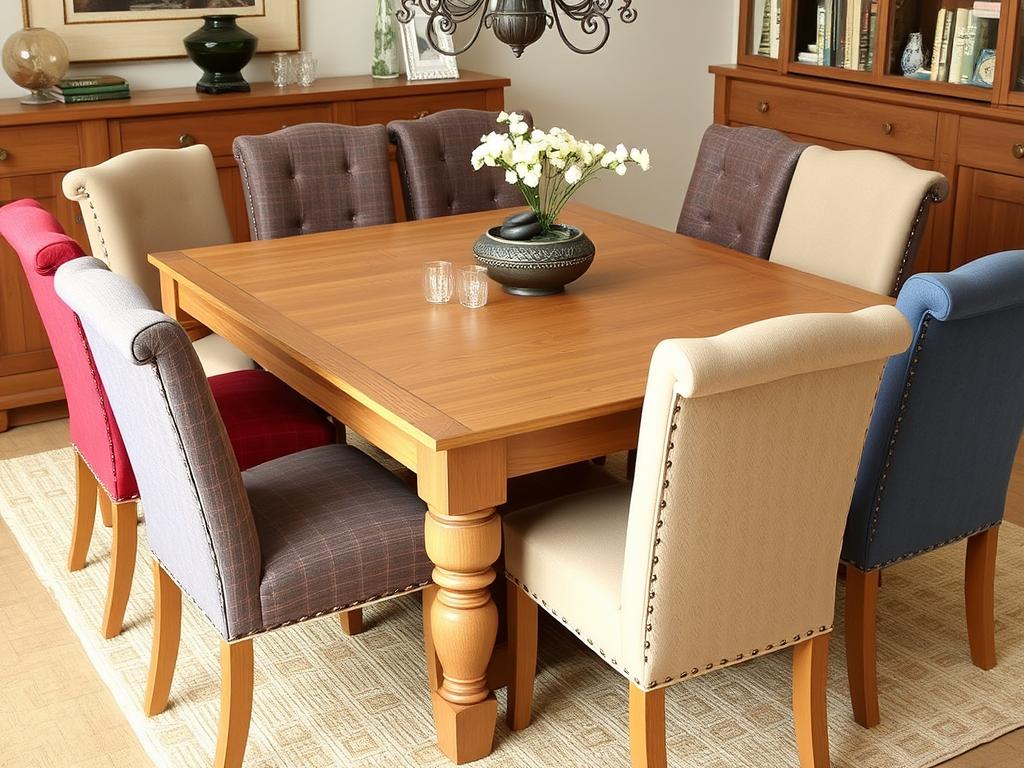 Gestoffeerde eetkamerstoelen bij eikenhouten tafel Gestoffeerde eetkamerstoelen bij eikenhouten tafel