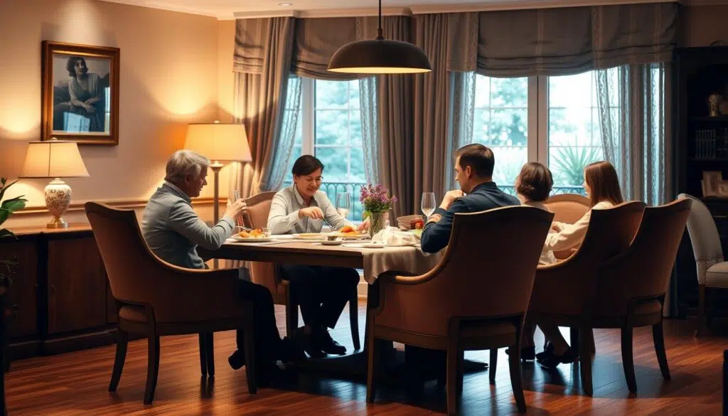Gezellig diner aan tafel met eetkamerstoelen van de juiste zithoogte Gezellig diner aan tafel met eetkamerstoelen van de juiste zithoogte