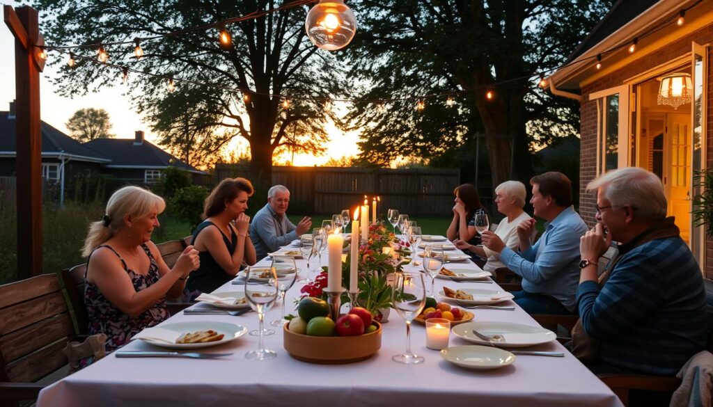 Gezellig diner aan tuin eettafel in een Nederlandse tuin tijdens zonsondergang Gezellig diner aan tuin eettafel in een Nederlandse tuin tijdens zonsondergang