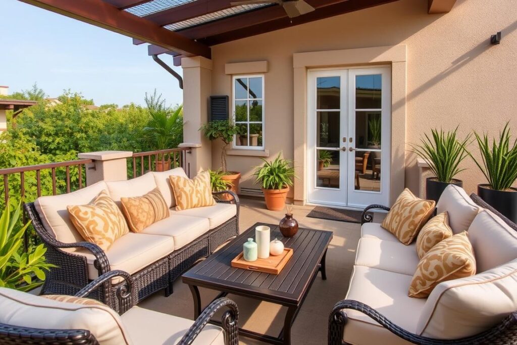 Gezellig terras met comfortabele loungeset, kussens en een salontafel