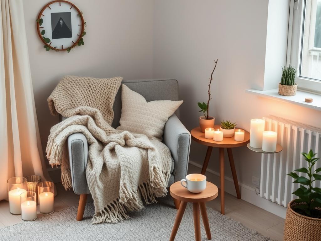 Gezellige Scandinavische woonkamer met hygge-elementen zoals kaarsen, zachte plaids en natuurlijke decoratie Gezellige Scandinavische woonkamer met hygge-elementen zoals kaarsen, zachte plaids en natuurlijke decoratie