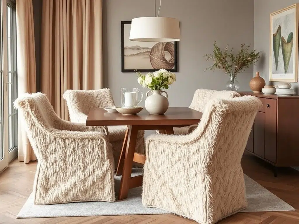 Gezellige teddy eetkamerstoelen in warme neutrale tinten in een moderne eetkamer Gezellige teddy eetkamerstoelen in warme neutrale tinten in een moderne eetkamer