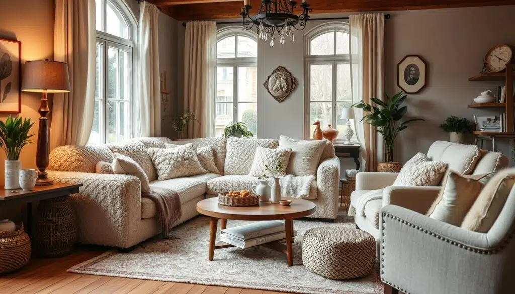 Gezellige woonkamer met verschillende teddy boucle meubels en accessoires in harmonieuze kleuren Gezellige woonkamer met verschillende teddy boucle meubels en accessoires in harmonieuze kleuren