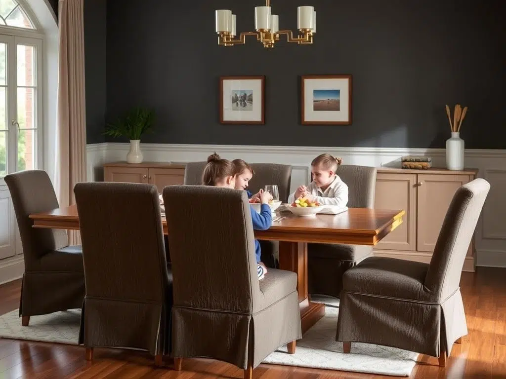 Gezinsvriendelijke eetkamer met praktische stoffen eetkamerstoelen Gezinsvriendelijke eetkamer met praktische stoffen eetkamerstoelen