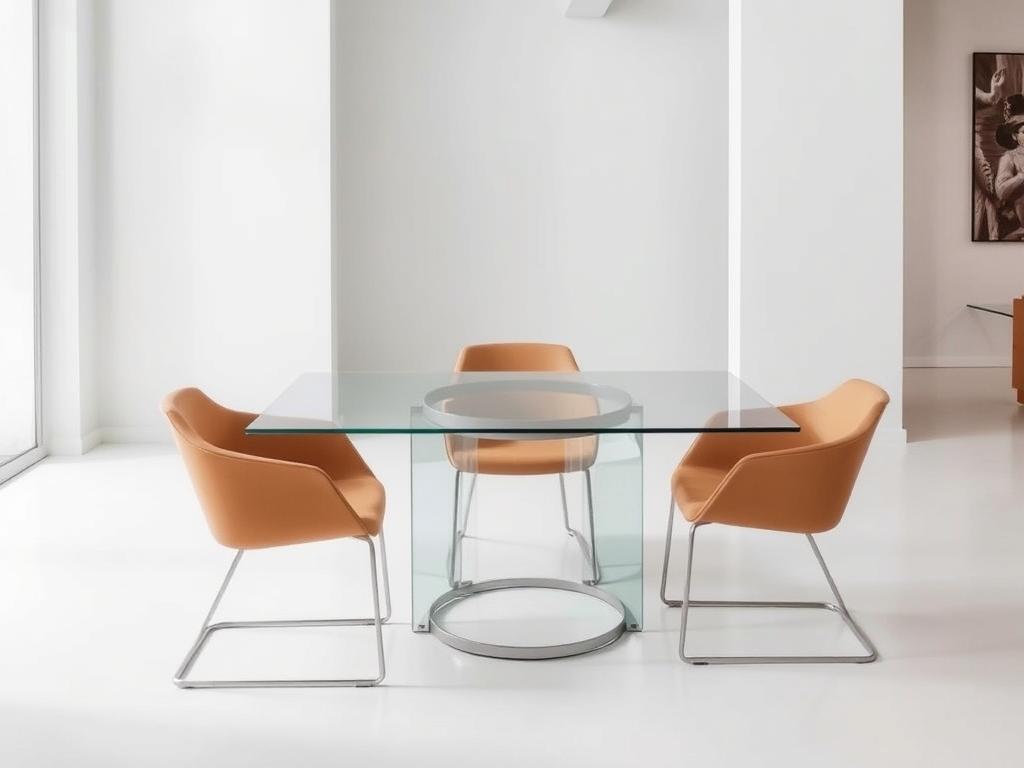 Glazen tafel met camelkleurige stoelen in een minimalistisch interieur Glazen tafel met camelkleurige stoelen in een minimalistisch interieur