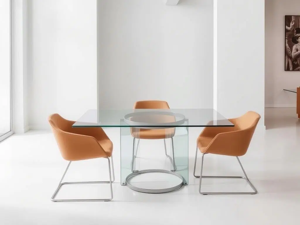Glazen tafel met camelkleurige stoelen in een minimalistisch interieur Glazen tafel met camelkleurige stoelen in een minimalistisch interieur