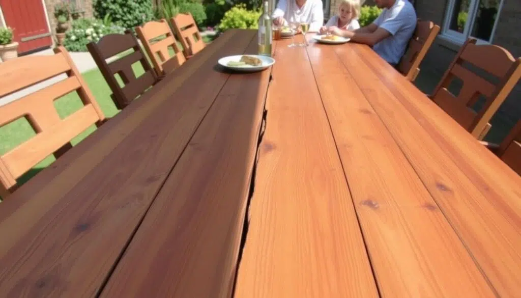 Goed onderhouden houten tafel buiten zonder rotten Goed onderhouden houten tafel buiten zonder rotten