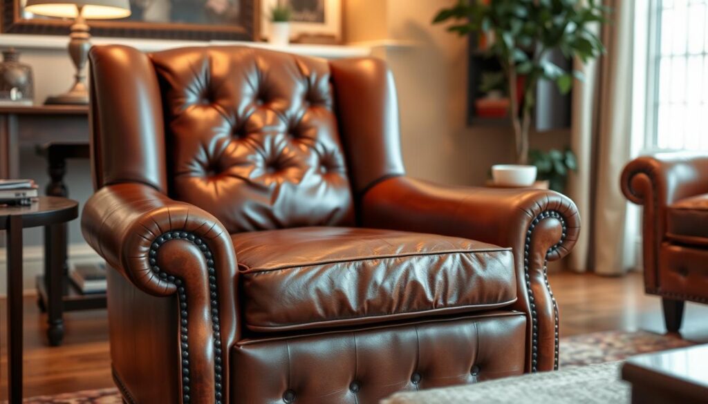 Goed onderhouden leren stoel in een woonkamer Goed onderhouden leren stoel in een woonkamer