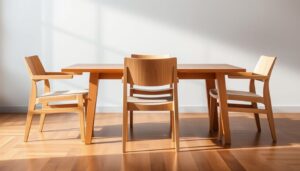 Houten eetkamertafel met vier stoelen in een lichte ruimte.
