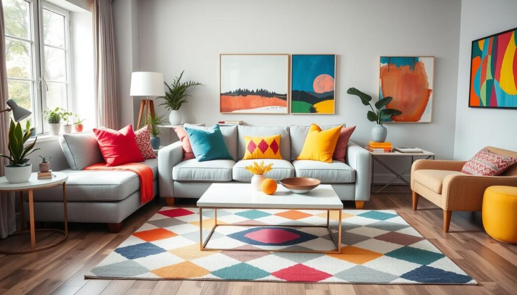 Grijze woonkamer met kleurrijke accessoires Grijze woonkamer met kleurrijke accessoires