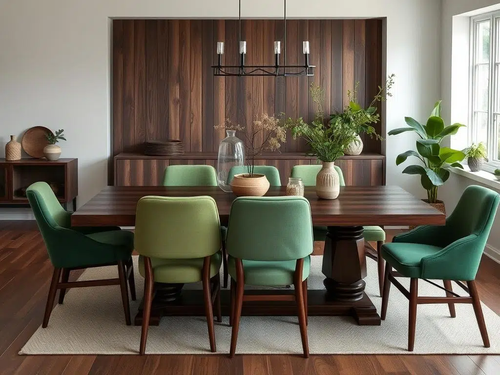 Groene eetkamerstoelen in verschillende tinten bij een donkerbruine tafel Groene eetkamerstoelen in verschillende tinten bij een donkerbruine tafel