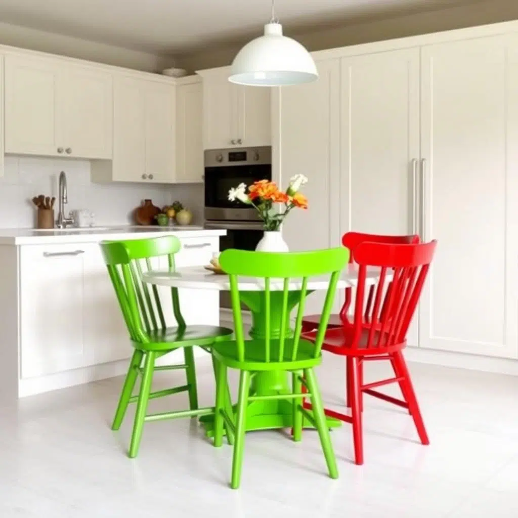 Groene en rode stoel als kleuraccent in de keuken Groene en rode stoel als kleuraccent in de keuken