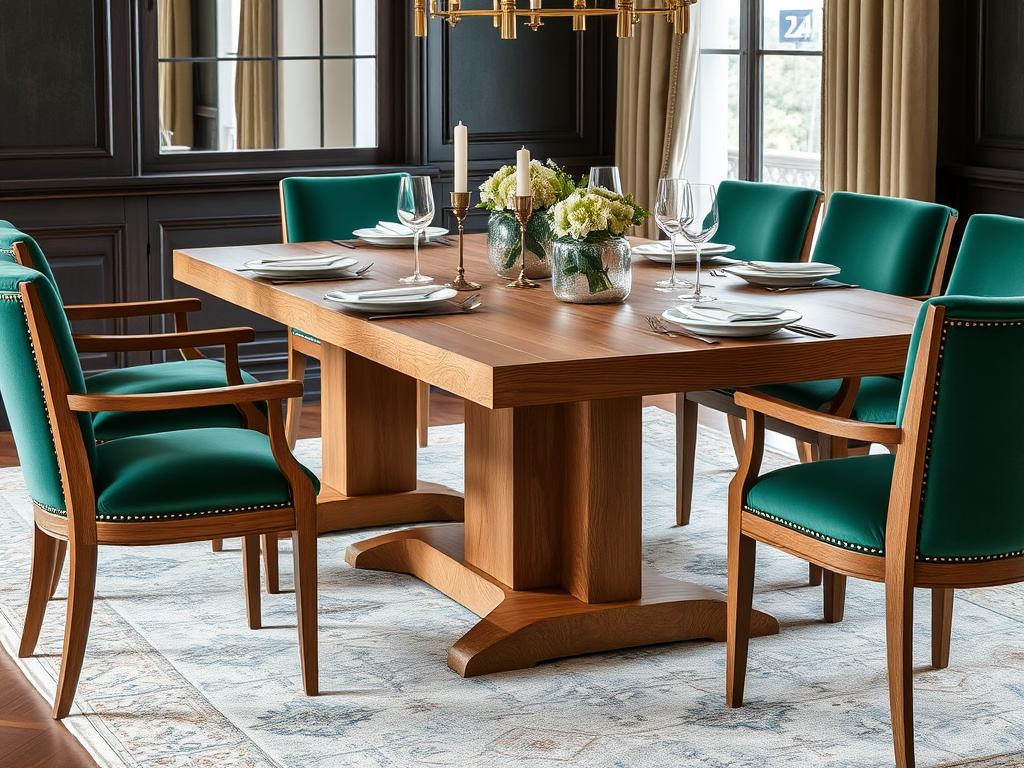 Groene fluwelen stoelen bij een eikenhouten eettafel Groene fluwelen stoelen bij een eikenhouten eettafel