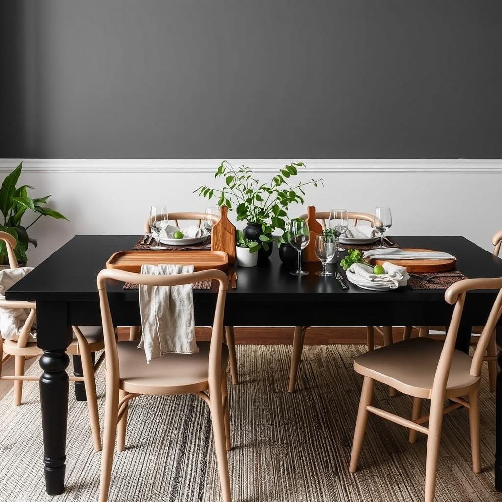 Groene planten en natuurlijke elementen die warmte toevoegen aan een donkere tafel Groene planten en natuurlijke elementen die warmte toevoegen aan een donkere tafel