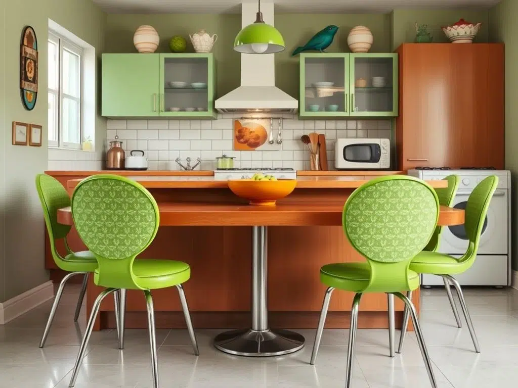 Groene retro stoelen in een vintage keuken Groene retro stoelen in een vintage keuken