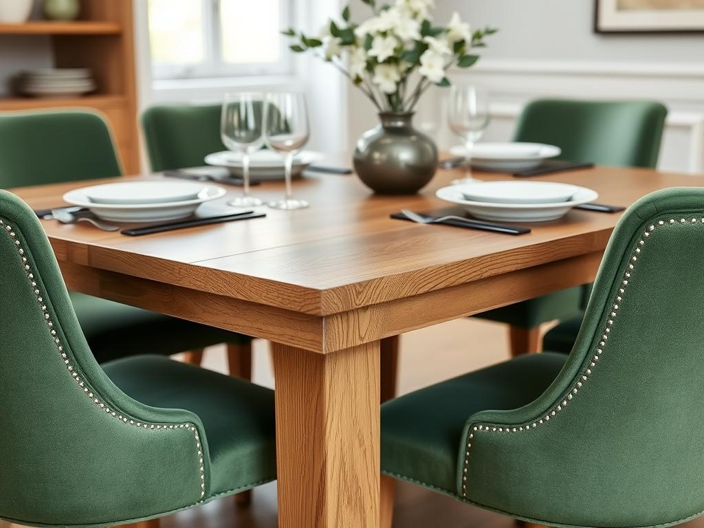 Groene stoelen bij een eiken eettafel tonen perfecte kleurcoördinatie, stoelen bij houten eettafel Groene stoelen bij een eiken eettafel tonen perfecte kleurcoördinatie, stoelen bij houten eettafel