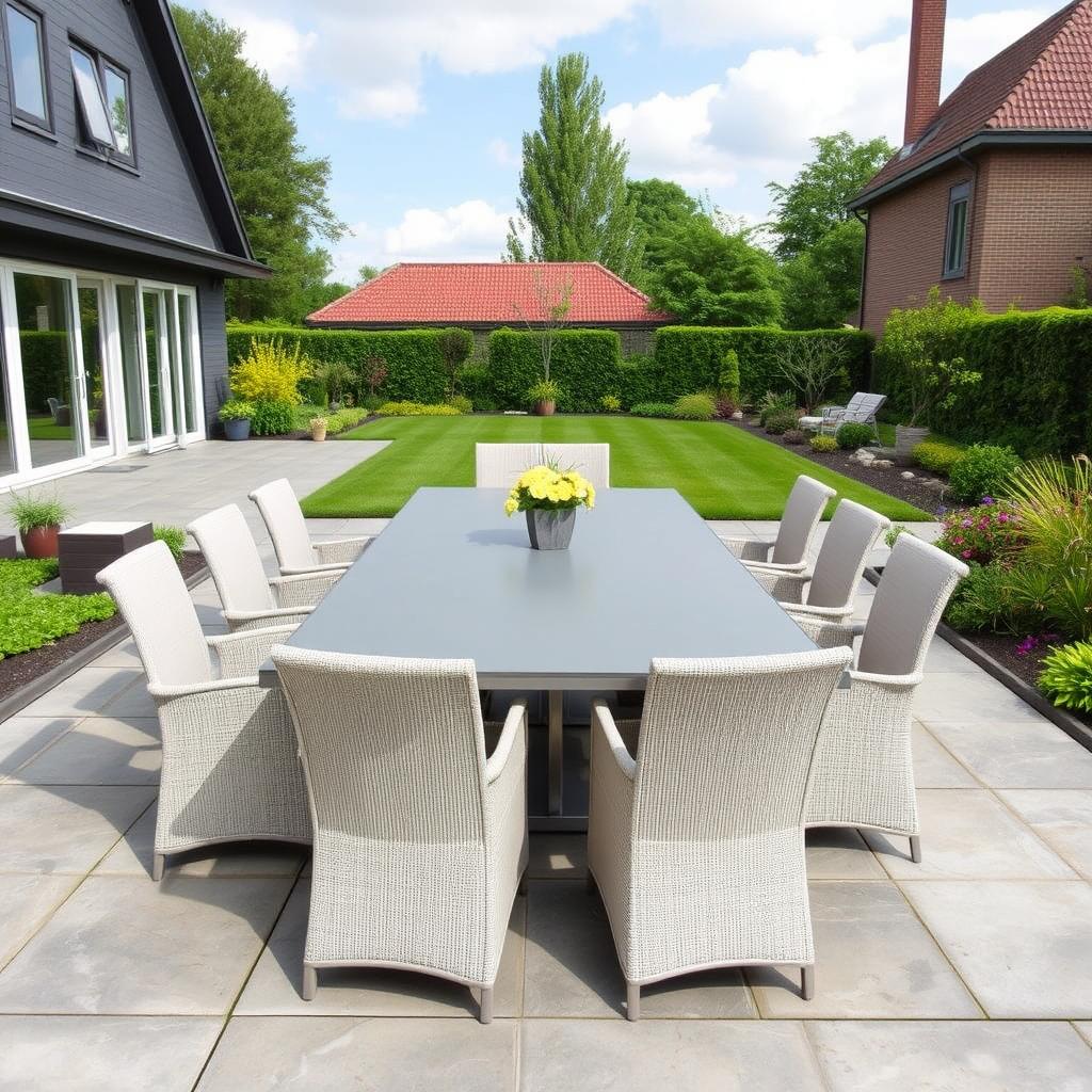 Grote Tuintafel in een ruime Nederlandse tuin met acht stoelen Grote Tuintafel in een ruime Nederlandse tuin met acht stoelen