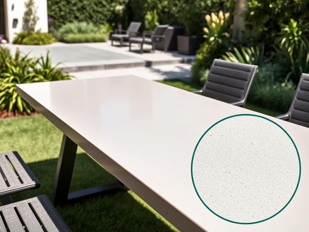 HPL buitentafel met strakke afwerking in moderne tuinsetting HPL buitentafel met strakke afwerking in moderne tuinsetting