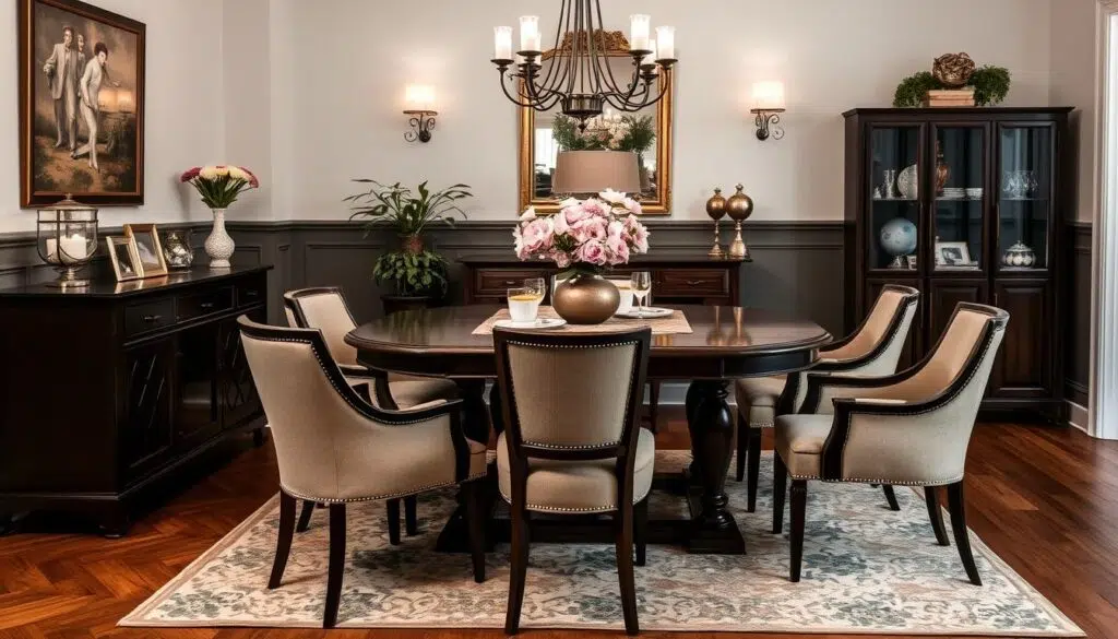 Harmonieuze eetkamer met donkerbruine tafel en perfect afgestemde eetkamerstoelen Harmonieuze eetkamer met donkerbruine tafel en perfect afgestemde eetkamerstoelen
