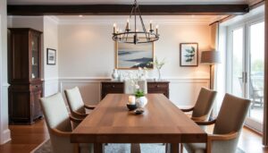 Harmonieuze eetkamer met eikenhouten tafel en bijpassende stoelen