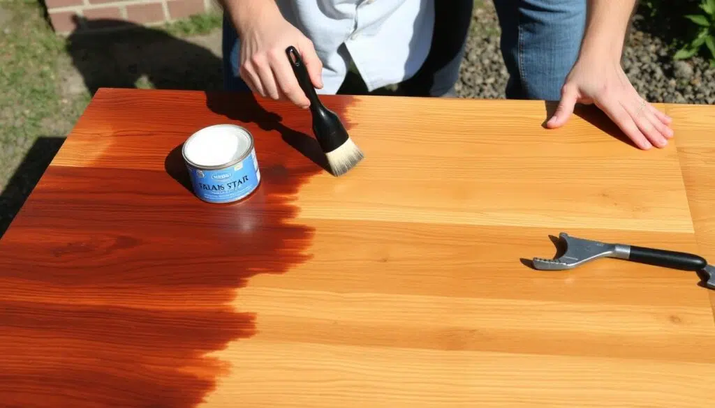 Het aanbrengen van beits op een houten tuintafel Het aanbrengen van beits op een houten tuintafel