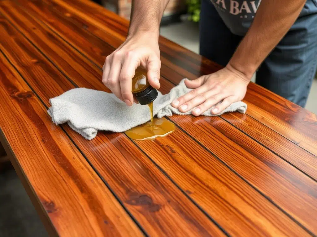 Het aanbrengen van beschermende olie op een houten eettafel buiten Het aanbrengen van beschermende olie op een houten eettafel buiten