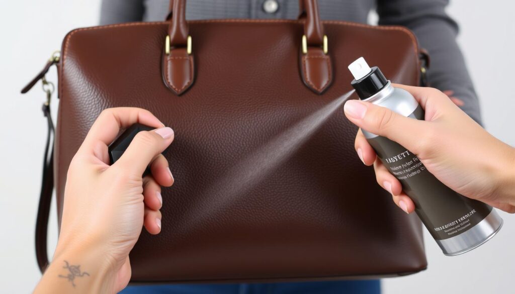 Het aanbrengen van beschermende spray op een leren tas