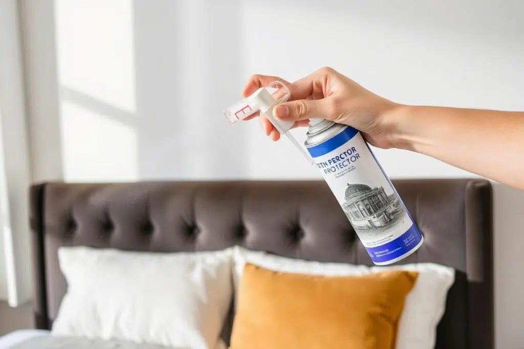 Het aanbrengen van een beschermende spray op velvet stof Het aanbrengen van een beschermende spray op velvet stof