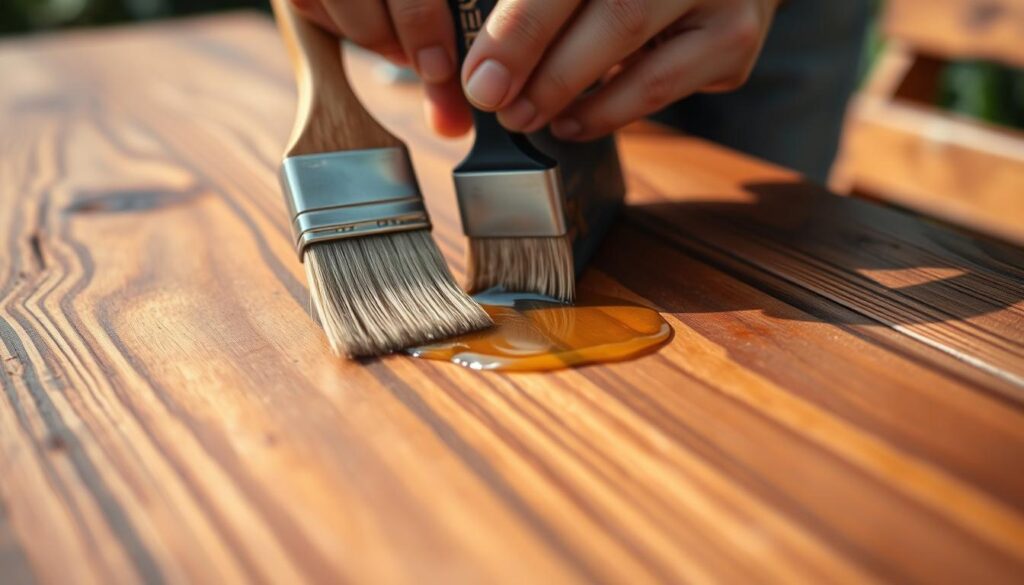 Het aanbrengen van houtolie op een tuintafel om deze buitenbestendig te maken Het aanbrengen van houtolie op een tuintafel om deze buitenbestendig te maken