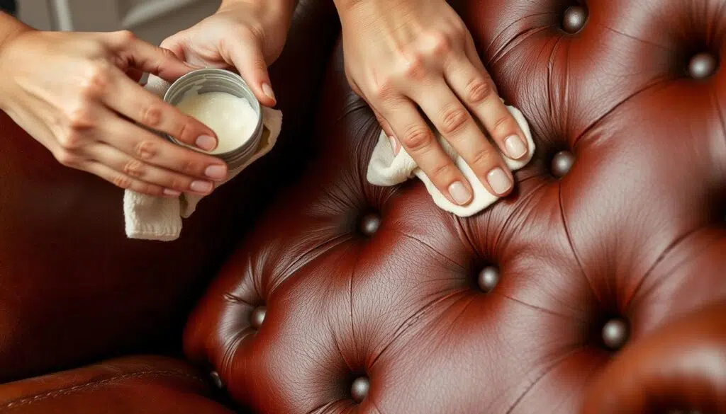 Het aanbrengen van leercrème op een leren fauteuil Het aanbrengen van leercrème op een leren fauteuil