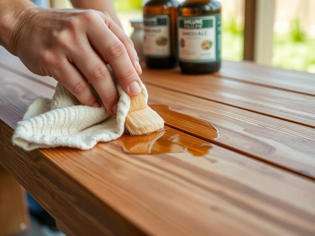 Het aanbrengen van zelfgemaakte natuurlijke houtsealer op een buitentafel Het aanbrengen van zelfgemaakte natuurlijke houtsealer op een buitentafel