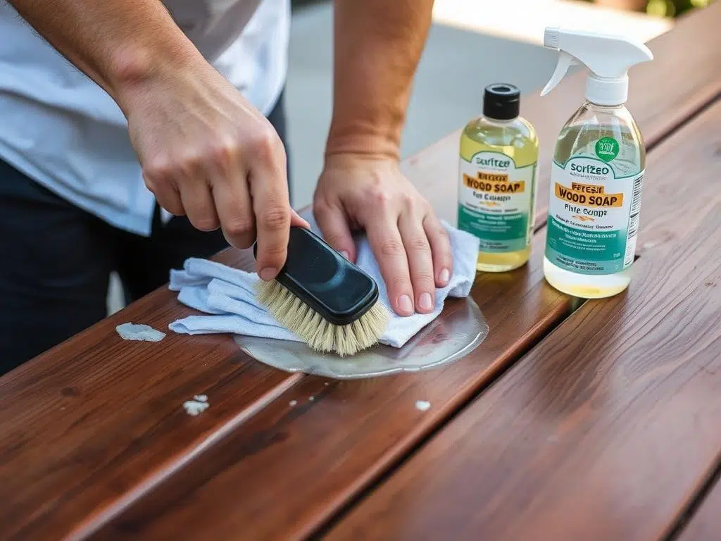 Het reinigen van een houten tuintafel met speciale houtzeep Het reinigen van een houten tuintafel met speciale houtzeep