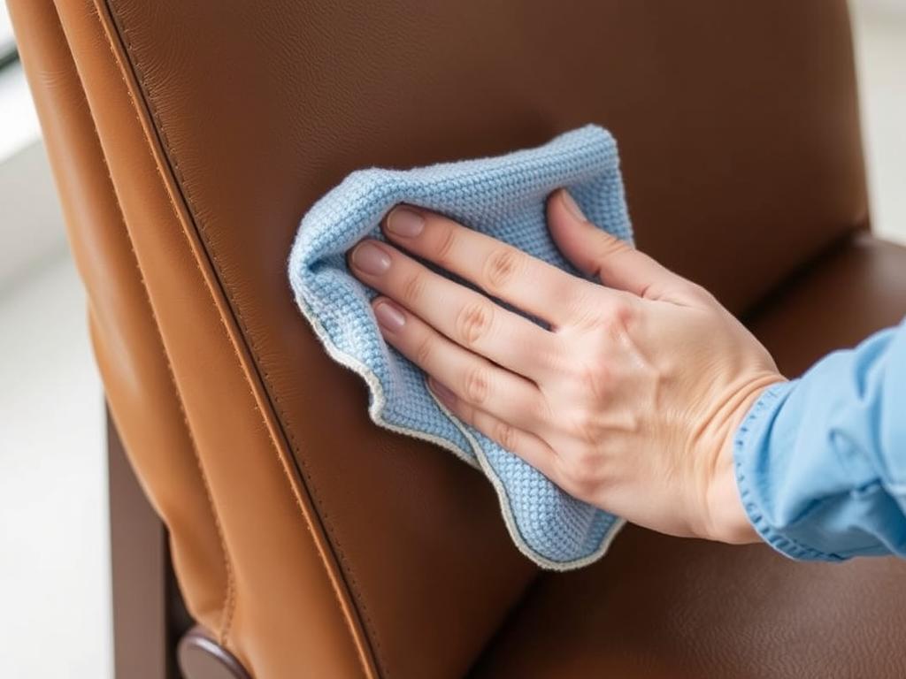 Het reinigen van een leren eetkamerstoel met een vochtige doek en milde zeepoplossing