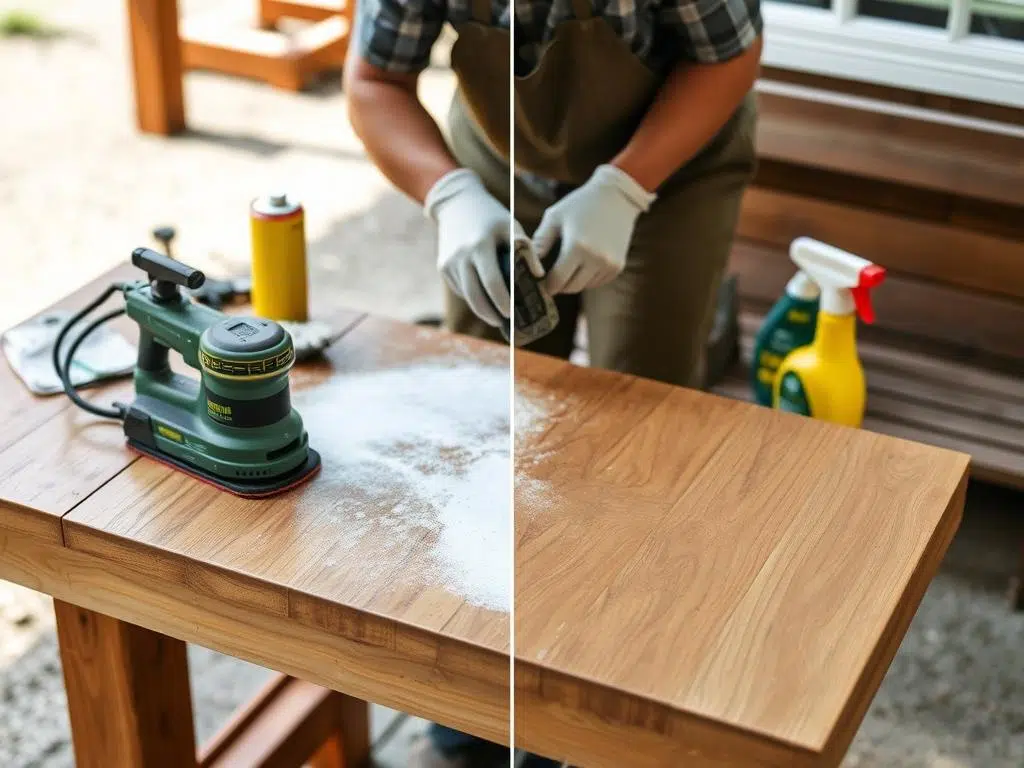 Het schoonmaken en schuren van een houten tuintafel als voorbereiding voor het buitenbestendig maken Het schoonmaken en schuren van een houten tuintafel als voorbereiding voor het buitenbestendig maken