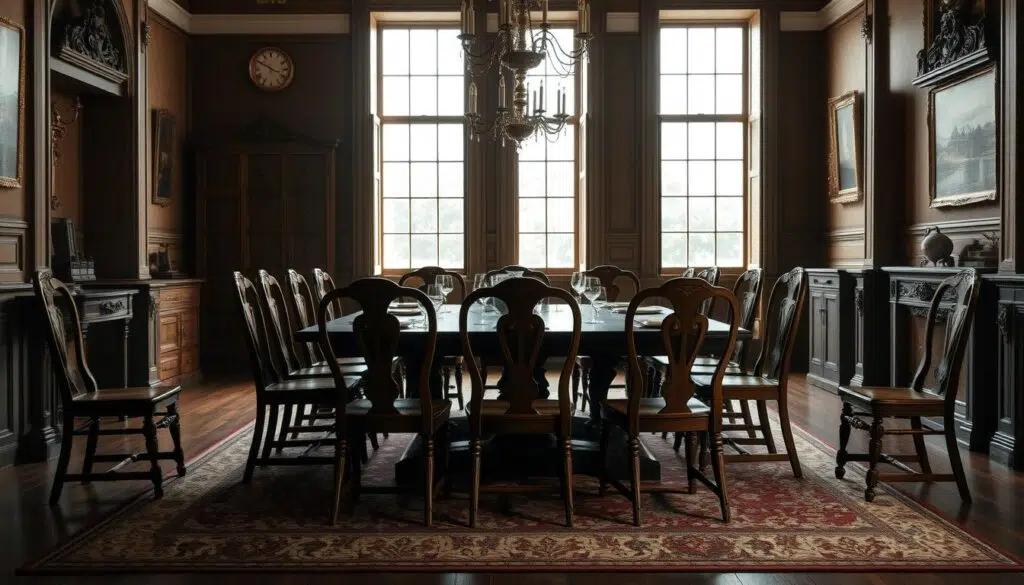 Historische eetkamerstoelen zonder armleuning rond een antieke eettafel