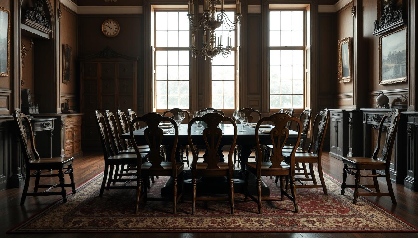 Historische eetkamerstoelen zonder armleuning rond een antieke eettafel
