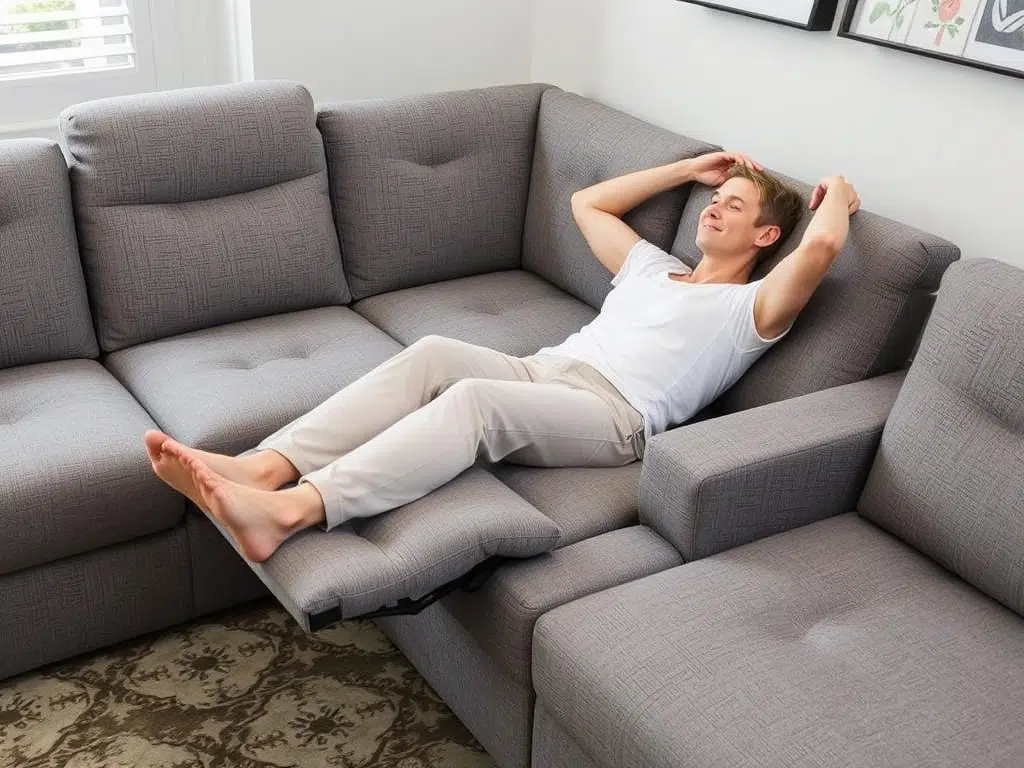 Hoekbank met verstelbare hoofdsteunen en uitschuifbare voetensteun voor extra comfort Hoekbank met verstelbare hoofdsteunen en uitschuifbare voetensteun voor extra comfort